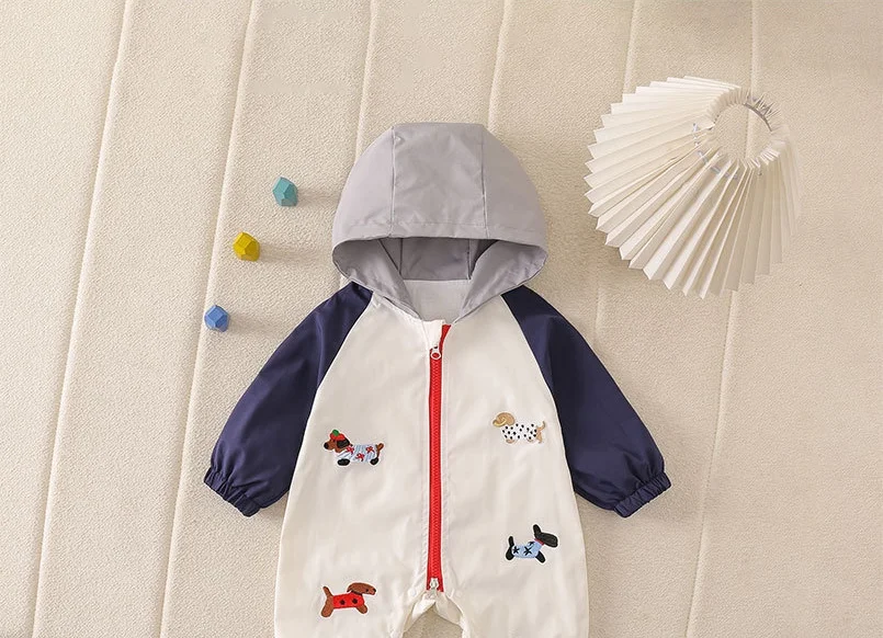 Spring Autumn Infant Baby Hooded Romper Cute Dog Embroidery Zipper Baby Clothes Long Sleeve Newborn Windproof Jumpsuit