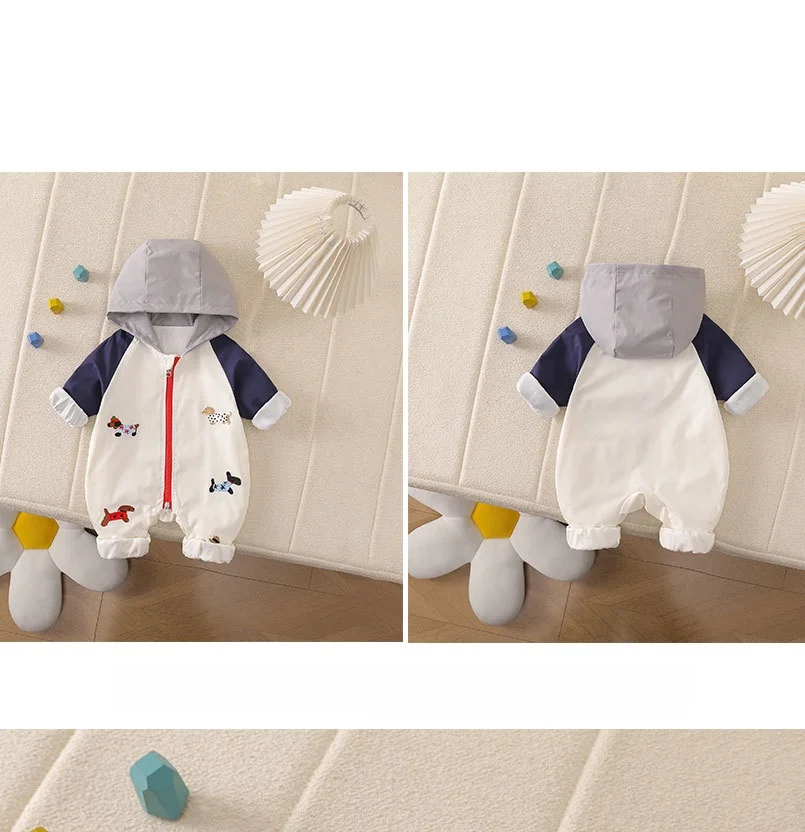 Spring Autumn Infant Baby Hooded Romper Cute Dog Embroidery Zipper Baby Clothes Long Sleeve Newborn Windproof Jumpsuit
