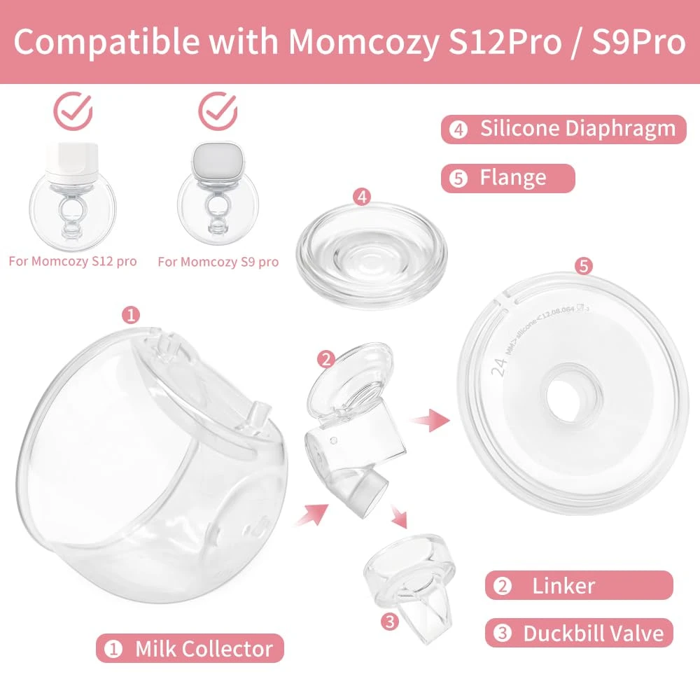 2 Sets Replacement Parts for Momcozy S12 Pro/S9 Pro Milk Cups: Collection Cup, Duckbill Valve, Flange, Diaphragm & Connector
