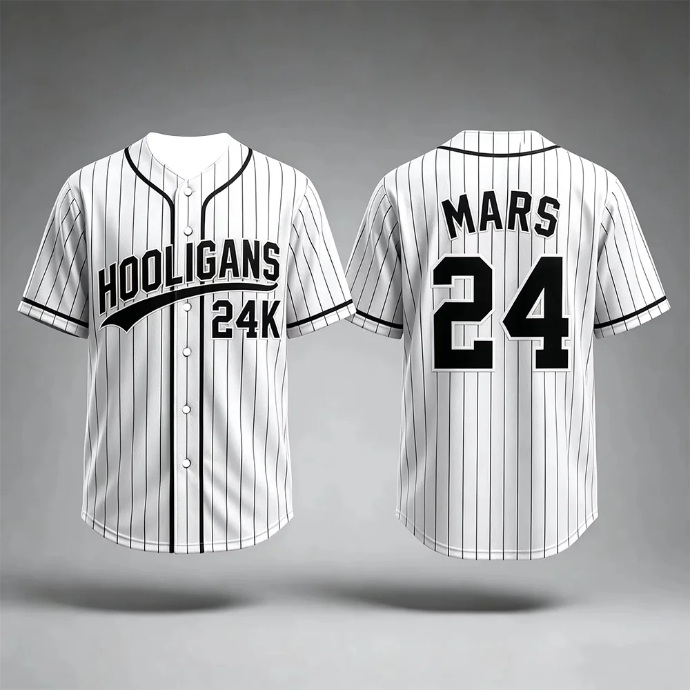Unisex 2026 Bruno Mars 24K Hooligans Baseball Jersey Short Sleeve Hip Hop Streetwear Top for Fans Men Women Kids Adults