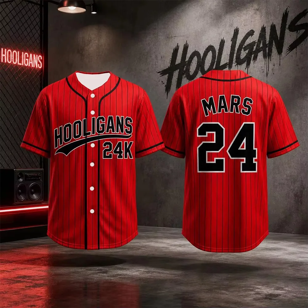 Unisex 2026 Bruno Mars 24K Hooligans Baseball Jersey Short Sleeve Hip Hop Streetwear Top for Fans Men Women Kids Adults