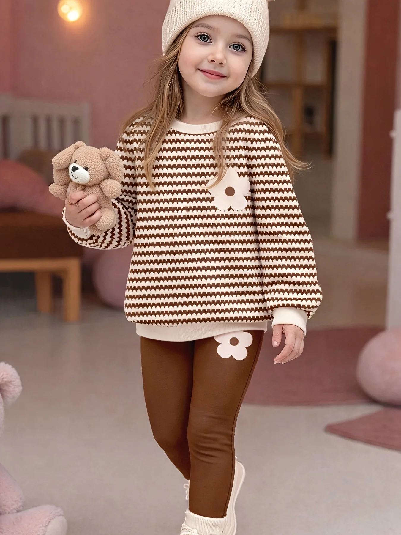 Trendy Girls 2Pcs Co-Ord, Wave Striped 3D Flower Decor Crew Neck Pullover & Brown Floral Stretchy Leggings for Daily Indoor & St