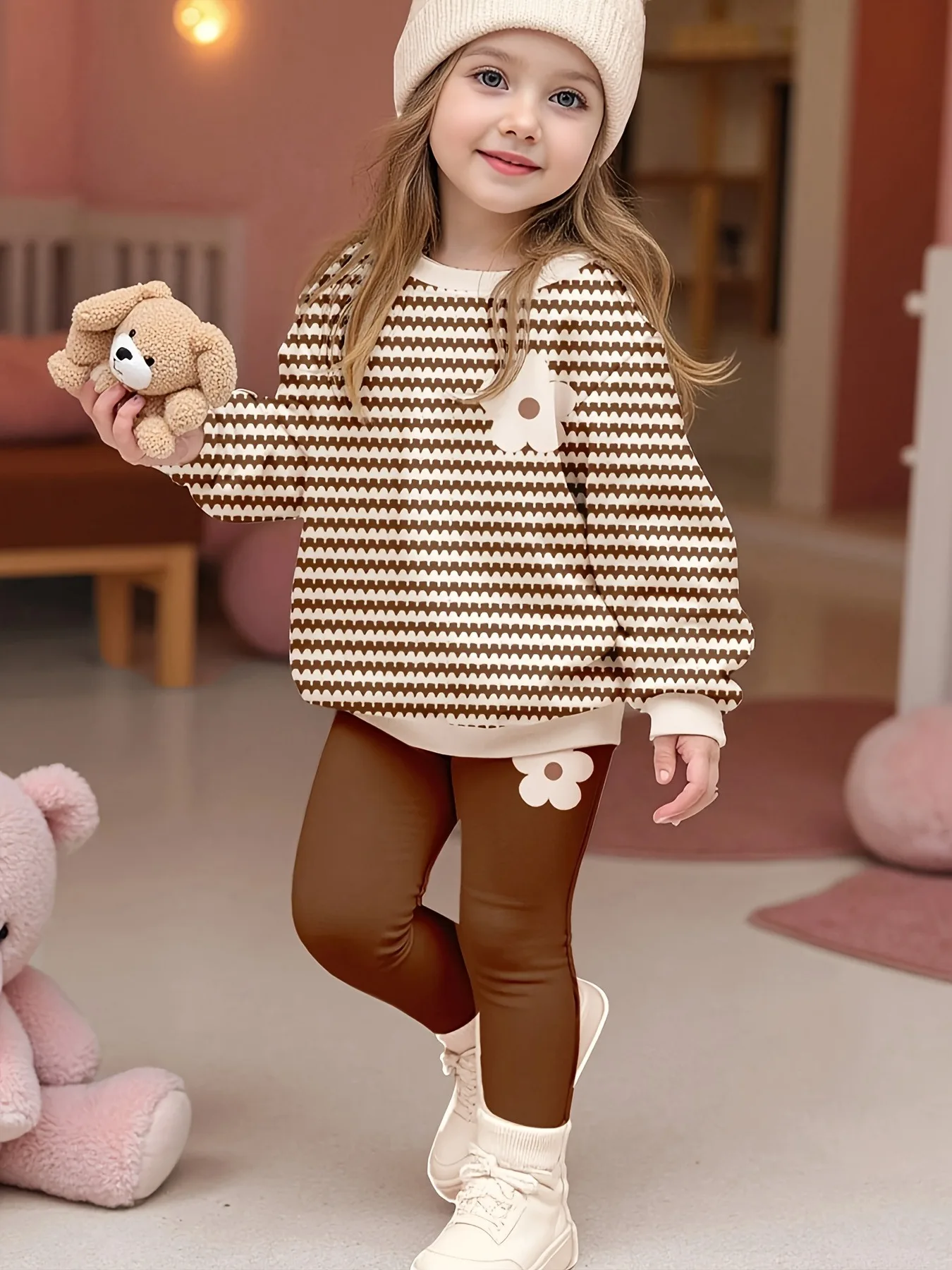 Trendy Girls 2Pcs Co-Ord, Wave Striped 3D Flower Decor Crew Neck Pullover & Brown Floral Stretchy Leggings for Daily Indoor & St