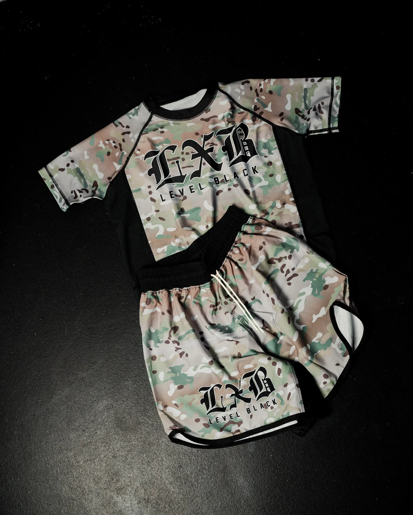 2025 New LXB Level Black Camo Gym Set Men's Quick Drying Rash Guard & Shorts Breathable MMA Training Suit Streetwear Sportswear