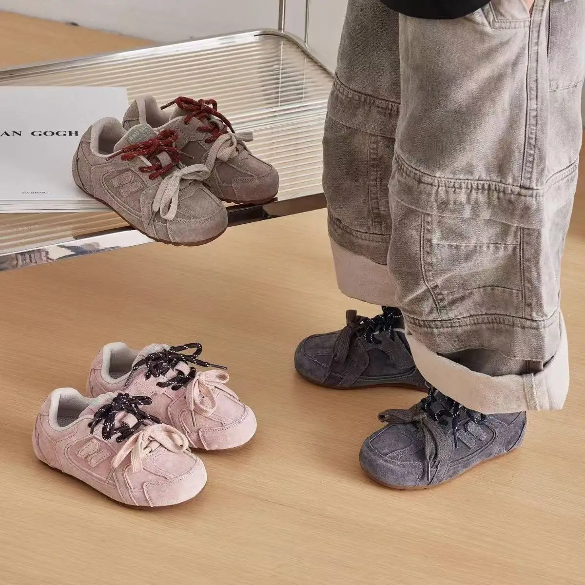 Kids Retro Suede Lace-up Sneakers Breathable Upper Non-slip Rubber Sole Casual Shoes for Toddler Boys Girls Daily Wear