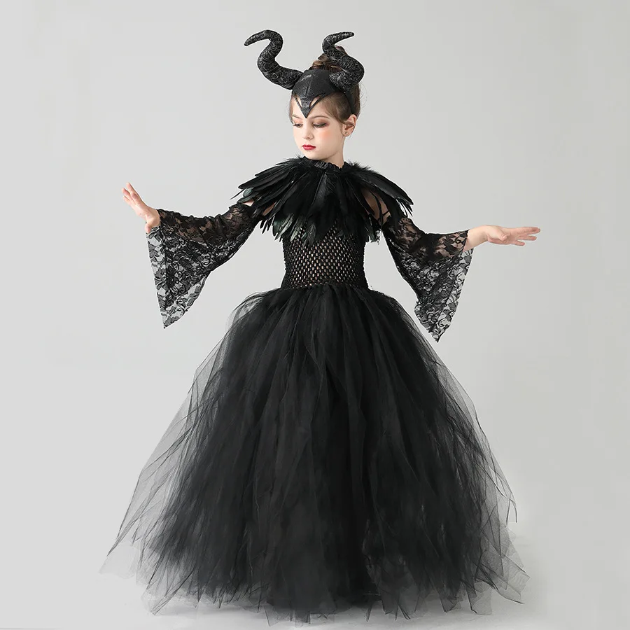 Little Kids Black Evil Witch Maleficent Fancy Dress Full Accessories Horns Wings Staff For Trick Or Treat School Stage Costume