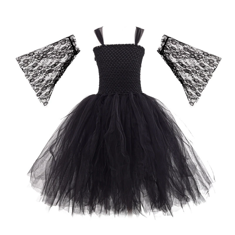Little Kids Black Evil Witch Maleficent Fancy Dress Full Accessories Horns Wings Staff For Trick Or Treat School Stage Costume