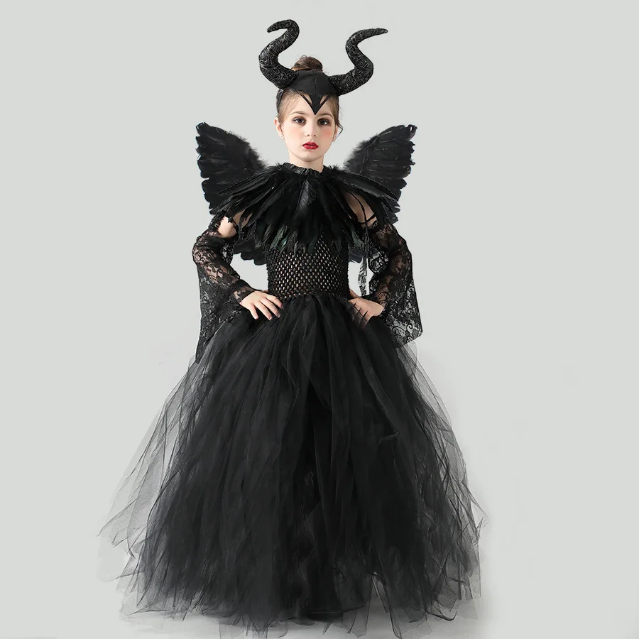 Little Kids Black Evil Witch Maleficent Fancy Dress Full Accessories Horns Wings Staff For Trick Or Treat School Stage Costume