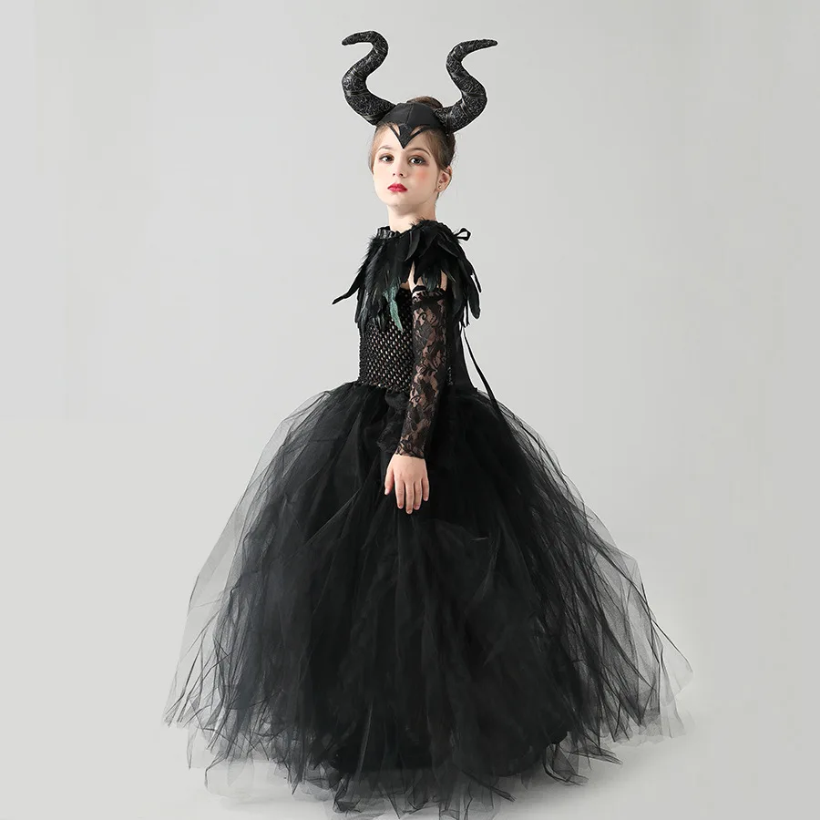 Little Kids Black Evil Witch Maleficent Fancy Dress Full Accessories Horns Wings Staff For Trick Or Treat School Stage Costume