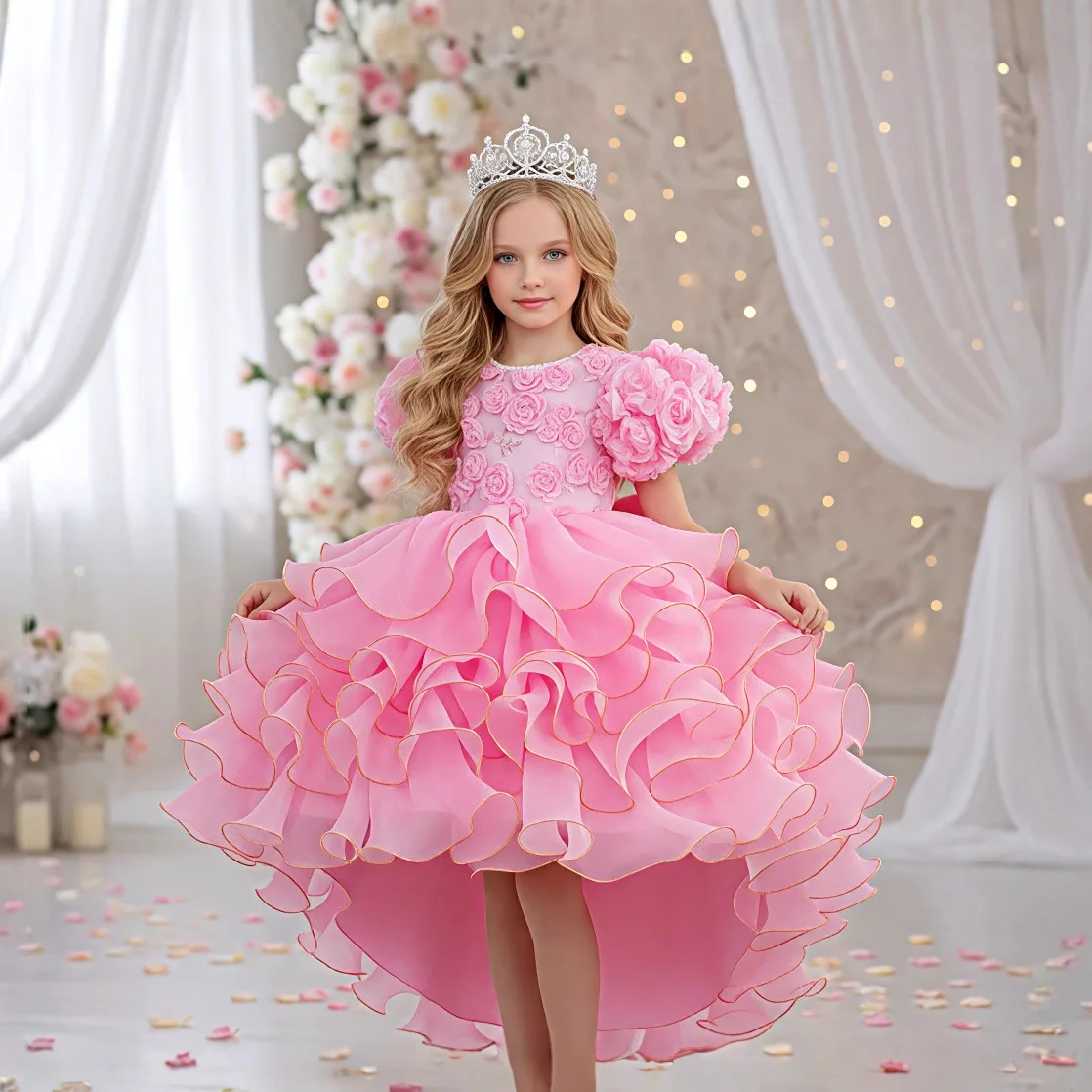 Girls' birthday dress 2026 New Girls' Puff Sleeve Train Princess Dress Elegant wedding flower girl dress Carnival Choir Fashion