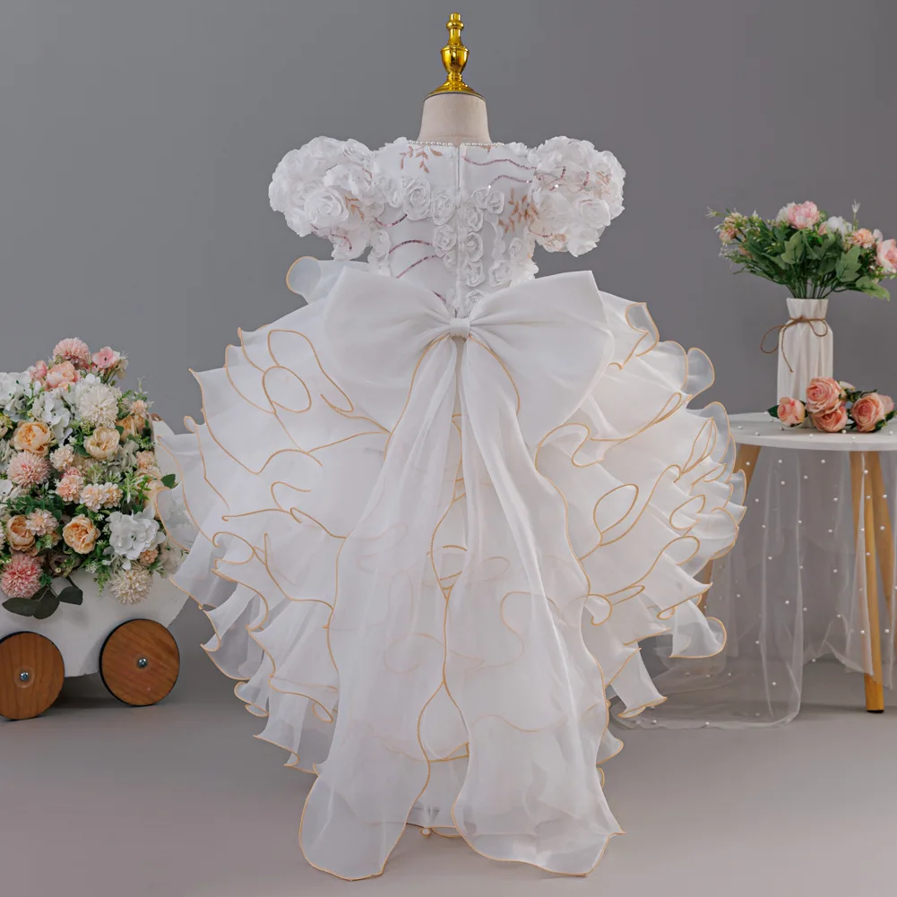 Girls' birthday dress 2026 New Girls' Puff Sleeve Train Princess Dress Elegant wedding flower girl dress Carnival Choir Fashion