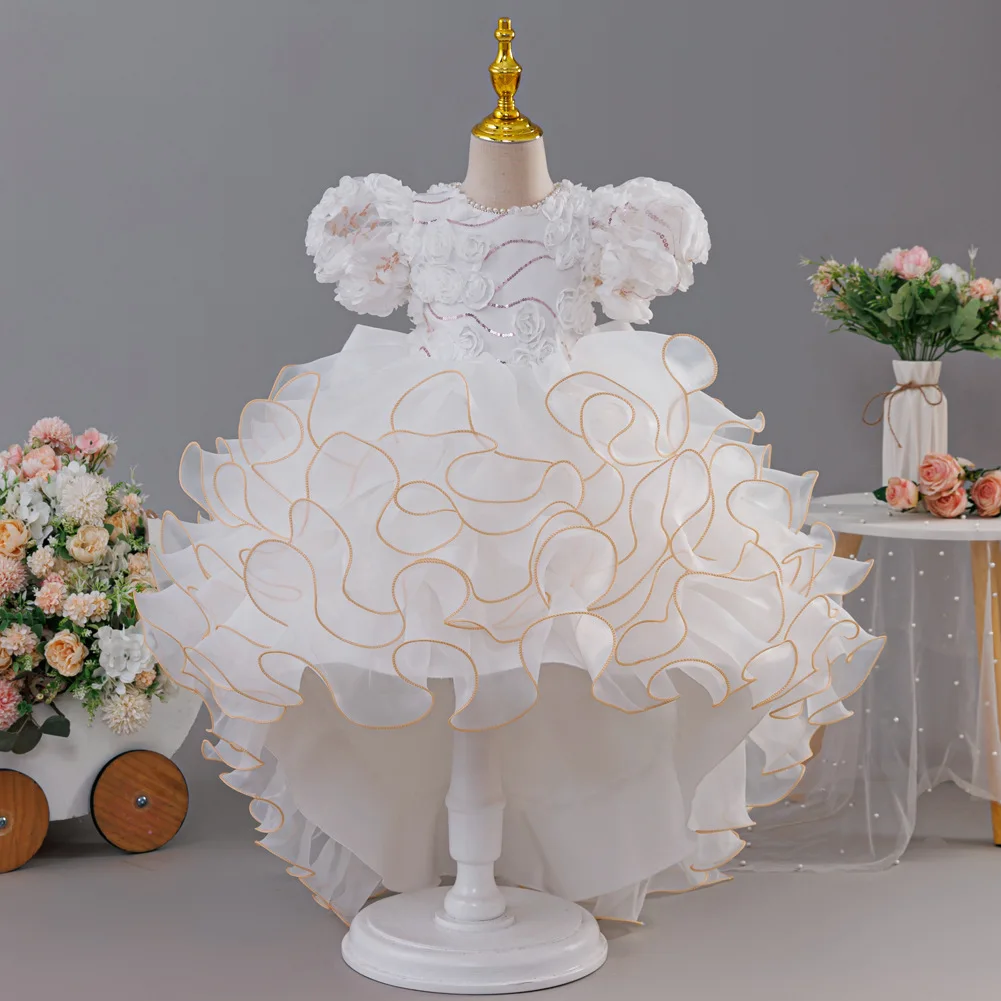 Girls' birthday dress 2026 New Girls' Puff Sleeve Train Princess Dress Elegant wedding flower girl dress Carnival Choir Fashion