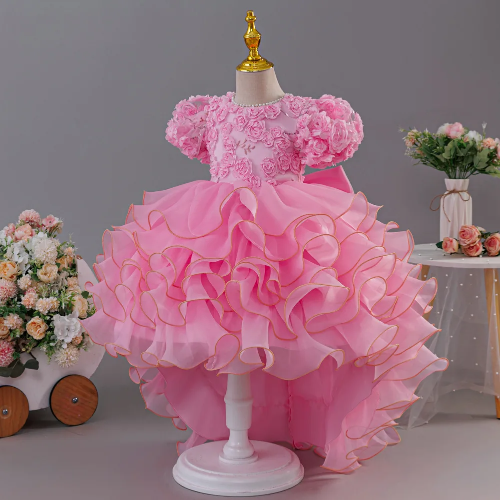Girls' birthday dress 2026 New Girls' Puff Sleeve Train Princess Dress Elegant wedding flower girl dress Carnival Choir Fashion