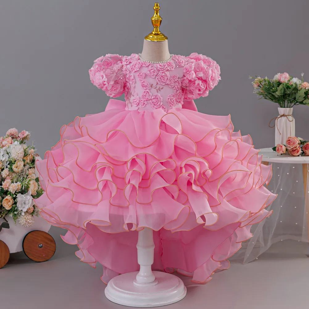 Girls' birthday dress 2026 New Girls' Puff Sleeve Train Princess Dress Elegant wedding flower girl dress Carnival Choir Fashion