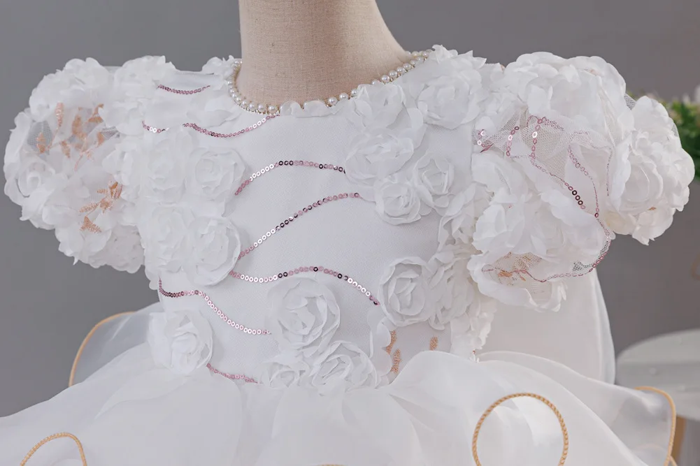Girls' birthday dress 2026 New Girls' Puff Sleeve Train Princess Dress Elegant wedding flower girl dress Carnival Choir Fashion