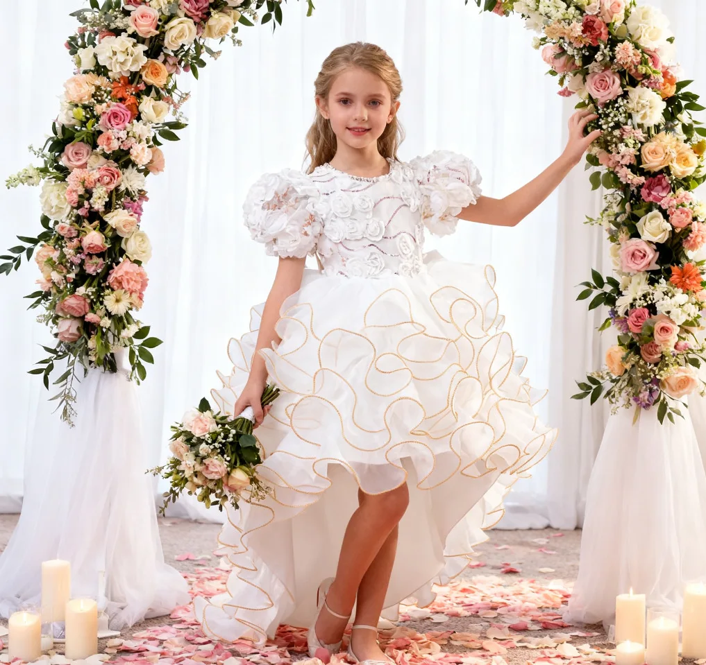 Girls' birthday dress 2026 New Girls' Puff Sleeve Train Princess Dress Elegant wedding flower girl dress Carnival Choir Fashion