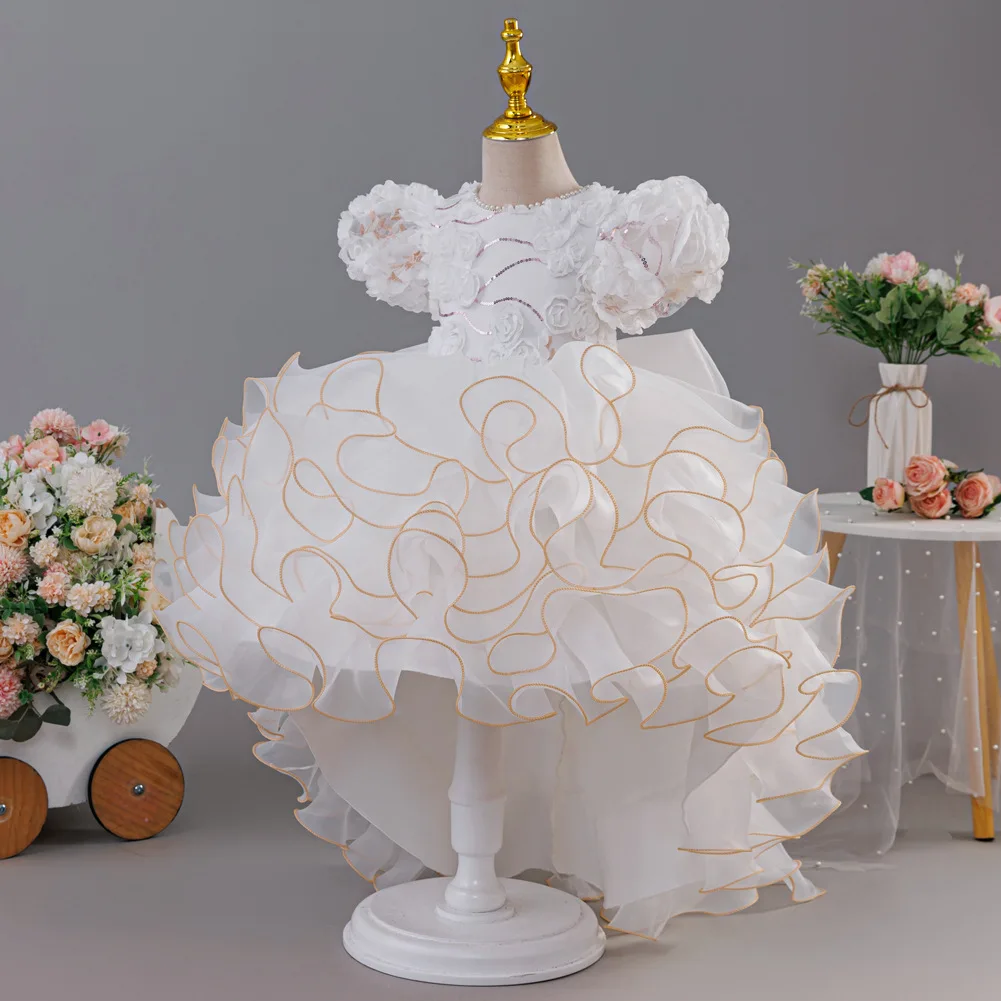 Girls' birthday dress 2026 New Girls' Puff Sleeve Train Princess Dress Elegant wedding flower girl dress Carnival Choir Fashion