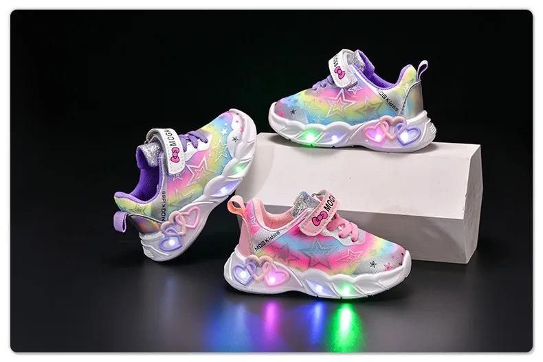 Autumn New Children's Sports Shoes Colorful Star Print Children's LED Light Shoes Soft Sole Girls Causal Sneakers 2-6 Years Old