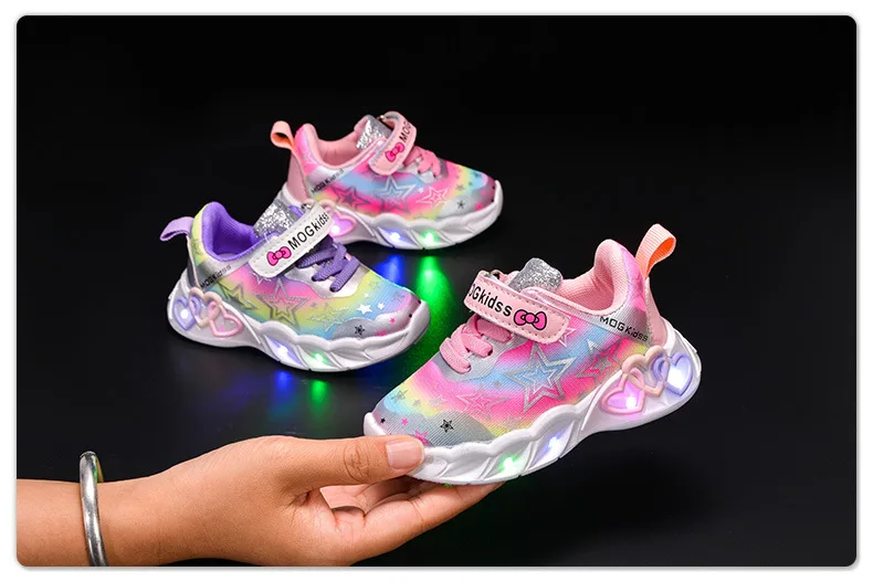 Autumn New Children's Sports Shoes Colorful Star Print Children's LED Light Shoes Soft Sole Girls Causal Sneakers 2-6 Years Old