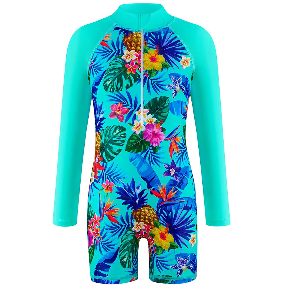 Girls' swimsuit Little Girl Long Sleeve Front Zipper Swimwear Kids Single suits and cut 4-12 Years Children One Piece Swim suits
