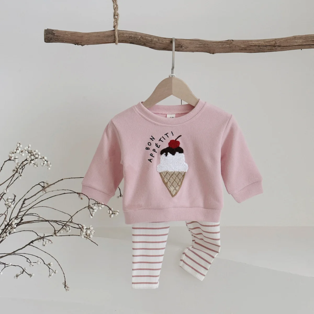 2Pcs Set New Baby Clothes Infantil Newborn Baby Outfits Clothes Ice Cream Patchwork Top+Stripe Trousers Set 0-3Y