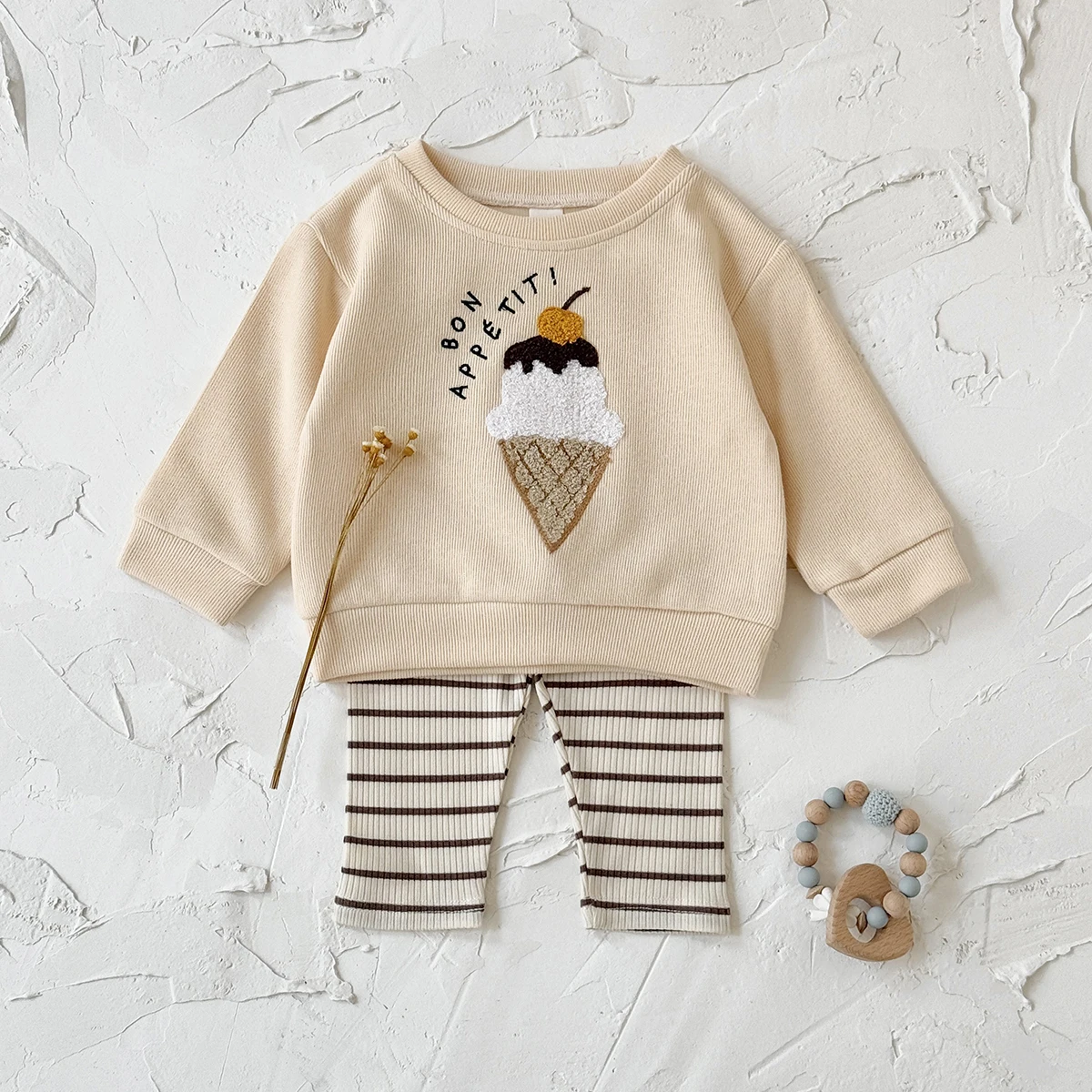 2Pcs Set New Baby Clothes Infantil Newborn Baby Outfits Clothes Ice Cream Patchwork Top+Stripe Trousers Set 0-3Y