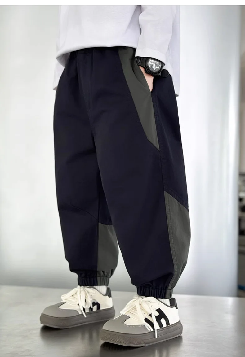 New Spring Autumn Fashion Splicing Style Boys Pants Loose Patchwork Sport Overalls Cargo Trousers For 4-14 Years Old Kids