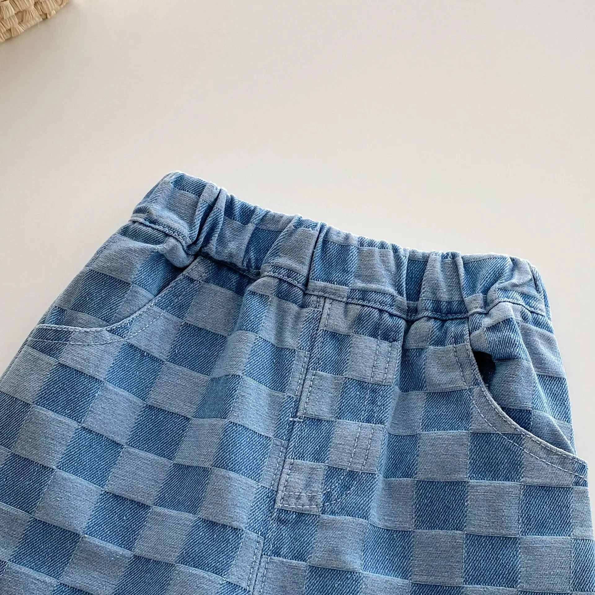 6M-5 Y Autumn Kids Pants Korean Style Soft Elastic Waist Loose Long Children Trousers Cotton Grid Jeans for Boys Girls