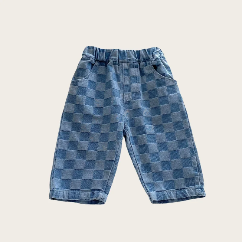 6M-5 Y Autumn Kids Pants Korean Style Soft Elastic Waist Loose Long Children Trousers Cotton Grid Jeans for Boys Girls