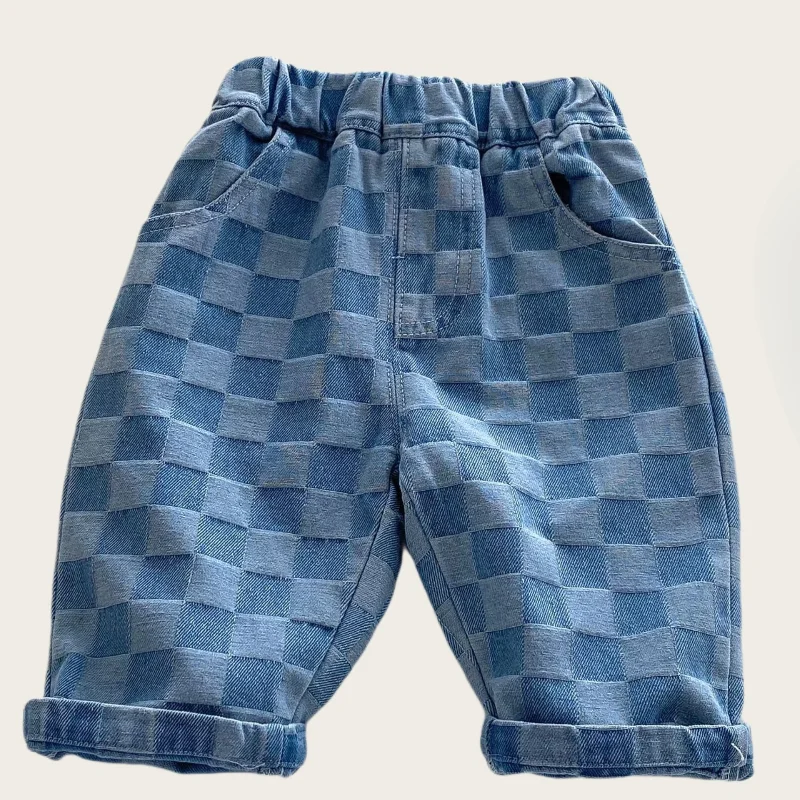 6M-5 Y Autumn Kids Pants Korean Style Soft Elastic Waist Loose Long Children Trousers Cotton Grid Jeans for Boys Girls