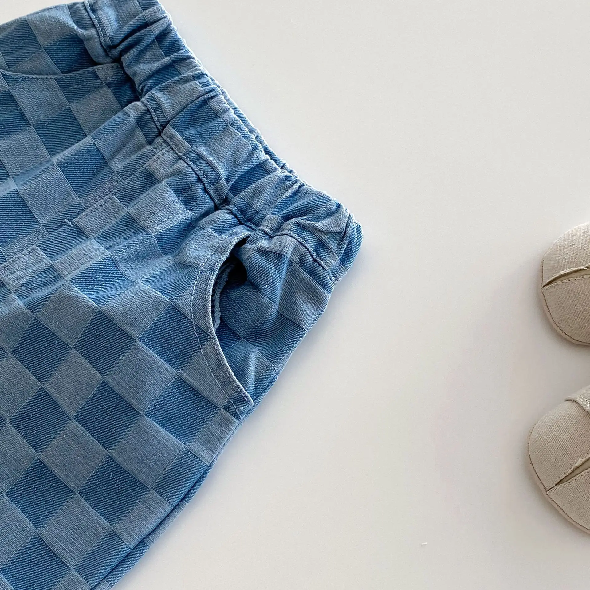 6M-5 Y Autumn Kids Pants Korean Style Soft Elastic Waist Loose Long Children Trousers Cotton Grid Jeans for Boys Girls