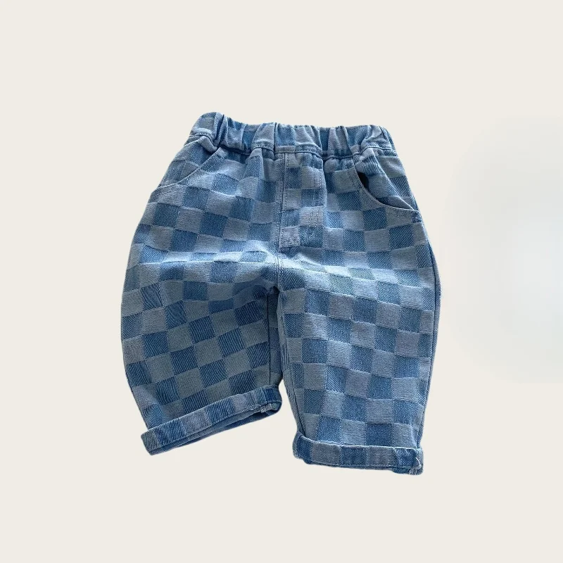 6M-5 Y Autumn Kids Pants Korean Style Soft Elastic Waist Loose Long Children Trousers Cotton Grid Jeans for Boys Girls