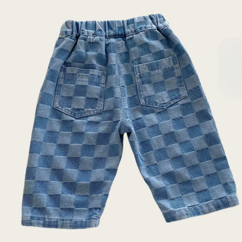 6M-5 Y Autumn Kids Pants Korean Style Soft Elastic Waist Loose Long Children Trousers Cotton Grid Jeans for Boys Girls