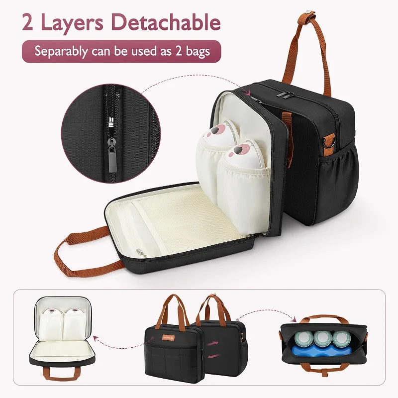 Detachable Breast Pump Bag with Ice Pack Double Layer Portable Breast Milk Cooler Travel Bag Compatible for Wearable Breast Pump