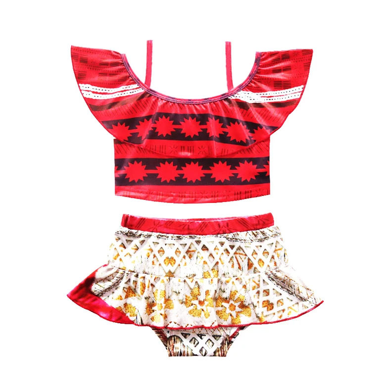 2025 Summer Time Swimming Suit for Little Girl Princess Beach Bikini Two Pieces Moana Inspired Ruffled Suspendered Swimsuit