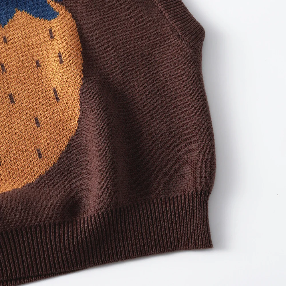 Children Baby Knitted Coffee Brown Vest Spring Cartoon Strawberry Fruit Pattern Sleeveless Sweater Top for 1-6 Years Old Kids