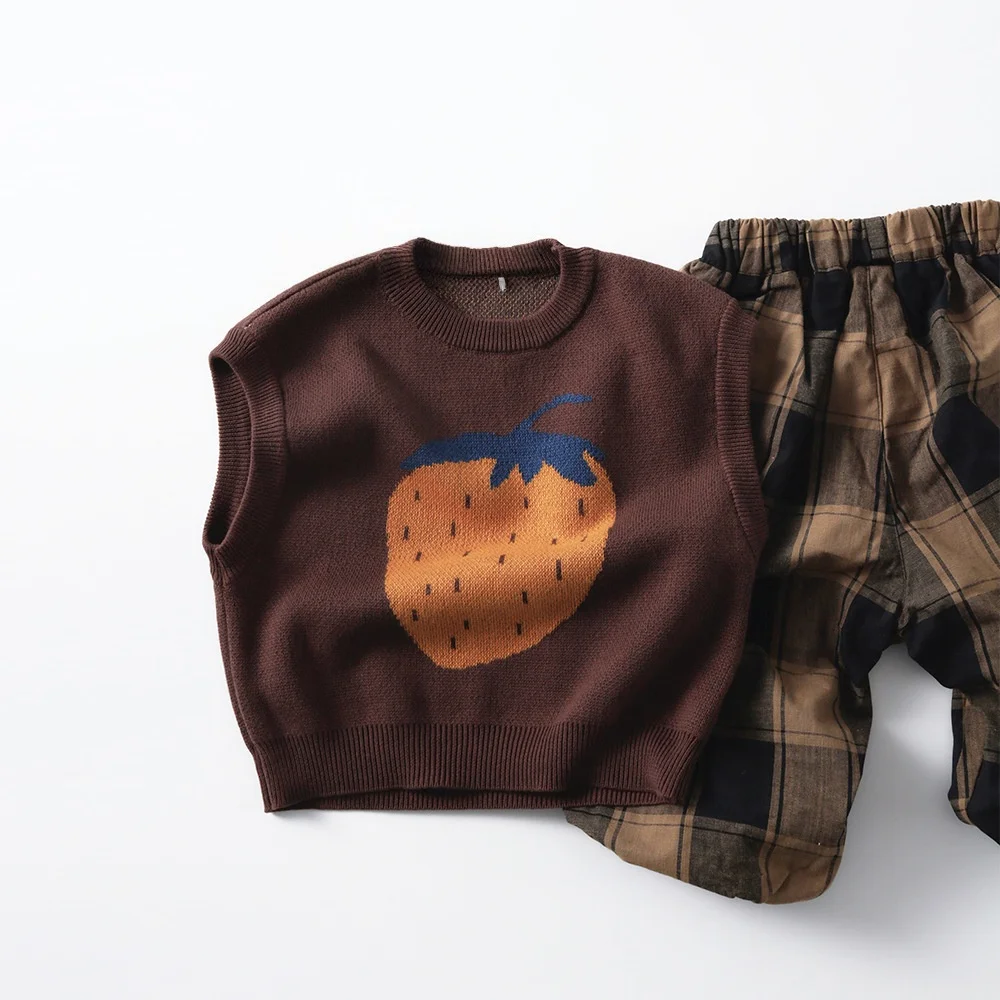 Children Baby Knitted Coffee Brown Vest Spring Cartoon Strawberry Fruit Pattern Sleeveless Sweater Top for 1-6 Years Old Kids
