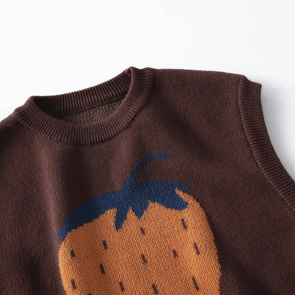 Children Baby Knitted Coffee Brown Vest Spring Cartoon Strawberry Fruit Pattern Sleeveless Sweater Top for 1-6 Years Old Kids