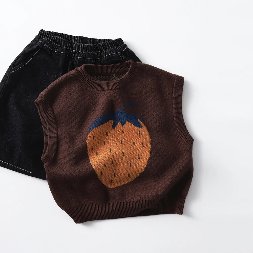Children Baby Knitted Coffee Brown Vest Spring Cartoon Strawberry Fruit Pattern Sleeveless Sweater Top for 1-6 Years Old Kids