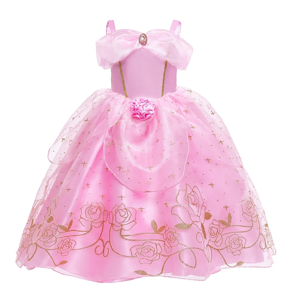 Girls Pink Shoulderless Tutu Dresses Little Girls Summer Kid Birthday Party Pincess Dress Auora Belle Cinderlla Cosplay Costumes