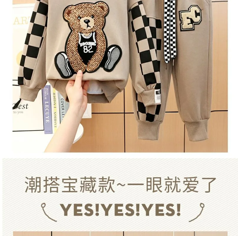2-8 Years Spring Autumn Girls Clothing Set Cartoon Embroidered Bear Pattern Hoodies Sweatshirt+ Pants 2Pcs Outfit Suit For Kids