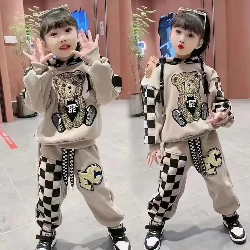 2-8 Years Spring Autumn Girls Clothing Set Cartoon Embroidered Bear Pattern Hoodies Sweatshirt+ Pants 2Pcs Outfit Suit For Kids