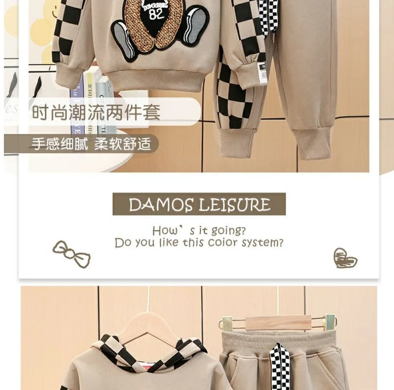 2-8 Years Spring Autumn Girls Clothing Set Cartoon Embroidered Bear Pattern Hoodies Sweatshirt+ Pants 2Pcs Outfit Suit For Kids