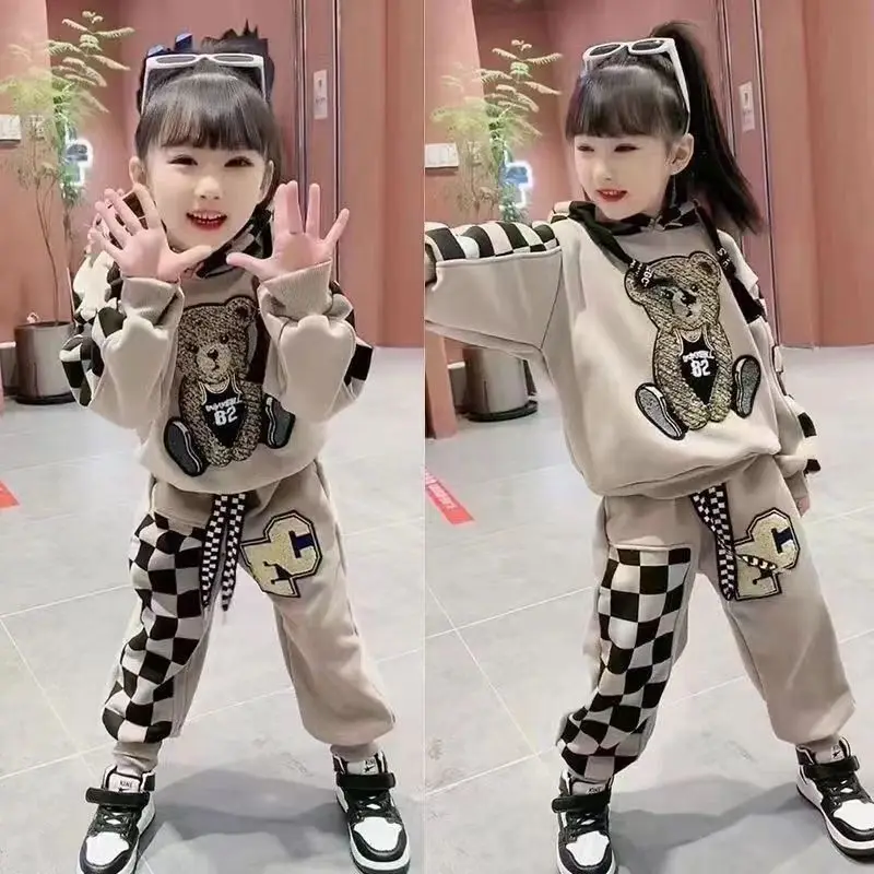 2-8 Years Spring Autumn Girls Clothing Set Cartoon Embroidered Bear Pattern Hoodies Sweatshirt+ Pants 2Pcs Outfit Suit For Kids