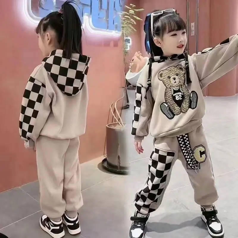2-8 Years Spring Autumn Girls Clothing Set Cartoon Embroidered Bear Pattern Hoodies Sweatshirt+ Pants 2Pcs Outfit Suit For Kids