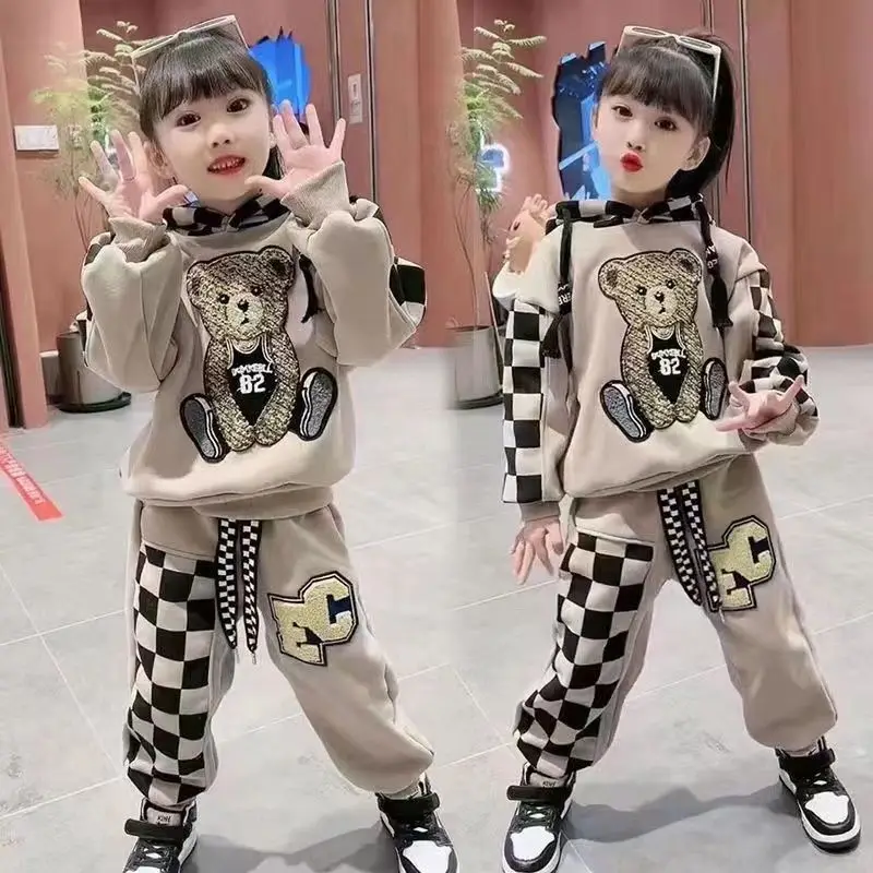 2-8 Years Spring Autumn Girls Clothing Set Cartoon Embroidered Bear Pattern Hoodies Sweatshirt+ Pants 2Pcs Outfit Suit For Kids