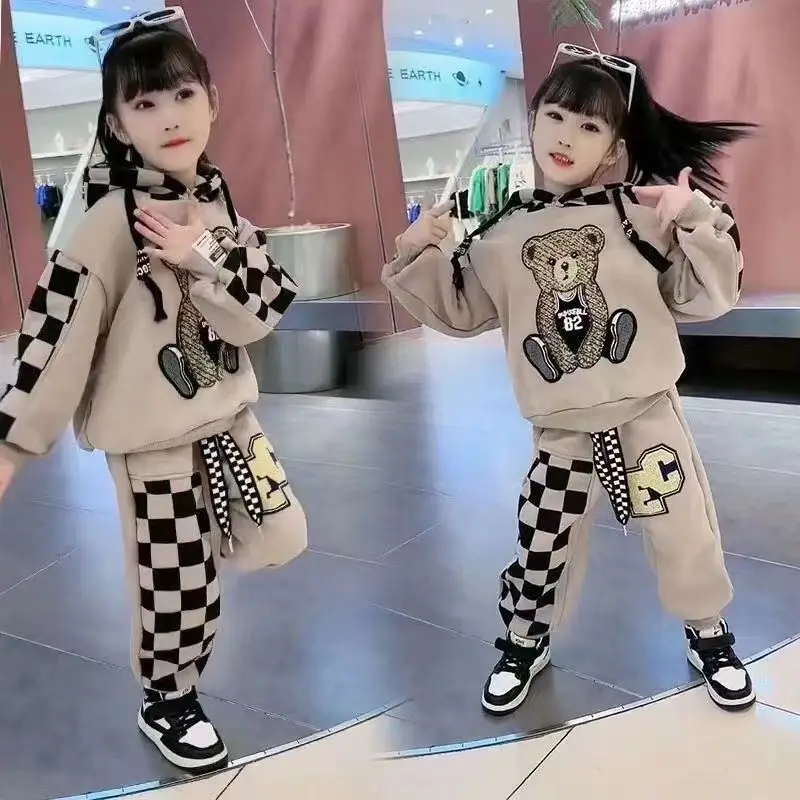 2-8 Years Spring Autumn Girls Clothing Set Cartoon Embroidered Bear Pattern Hoodies Sweatshirt+ Pants 2Pcs Outfit Suit For Kids
