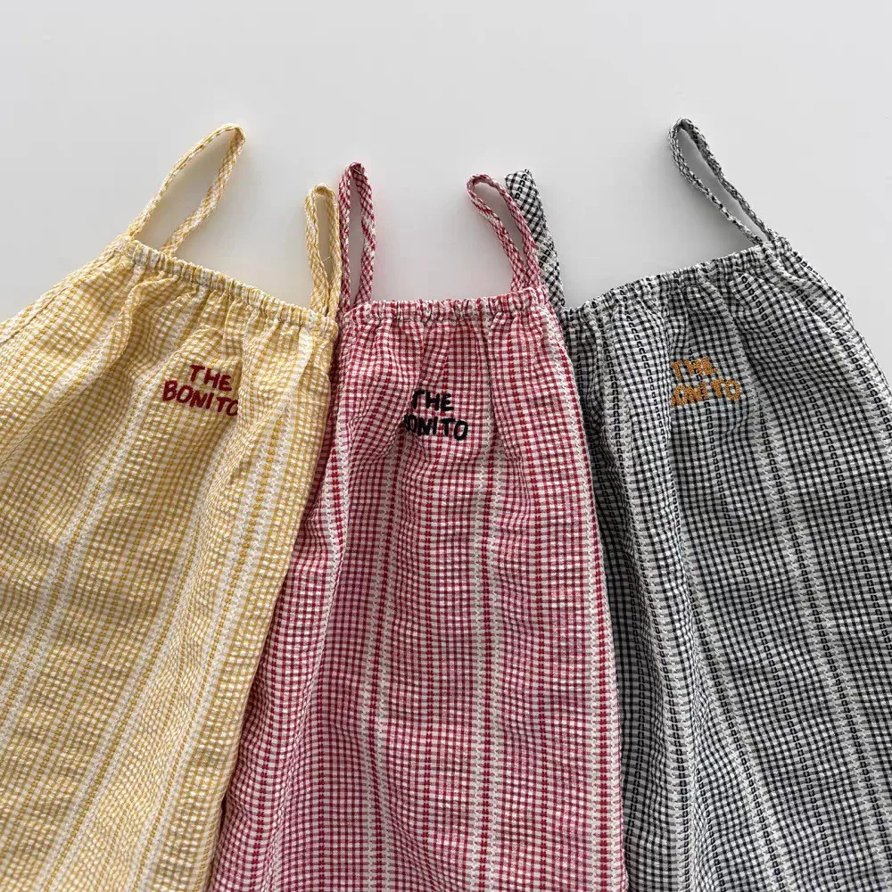 Q2873 Girls Summer Vintage Plaid Thin Cotton Halter Dress Vest Skirt Children's Clothing Retro Checkered Mini Dress for Girls