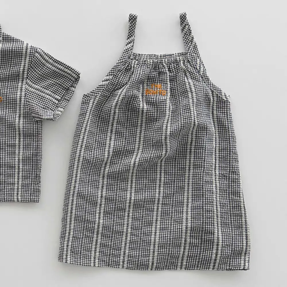 Q2873 Girls Summer Vintage Plaid Thin Cotton Halter Dress Vest Skirt Children's Clothing Retro Checkered Mini Dress for Girls