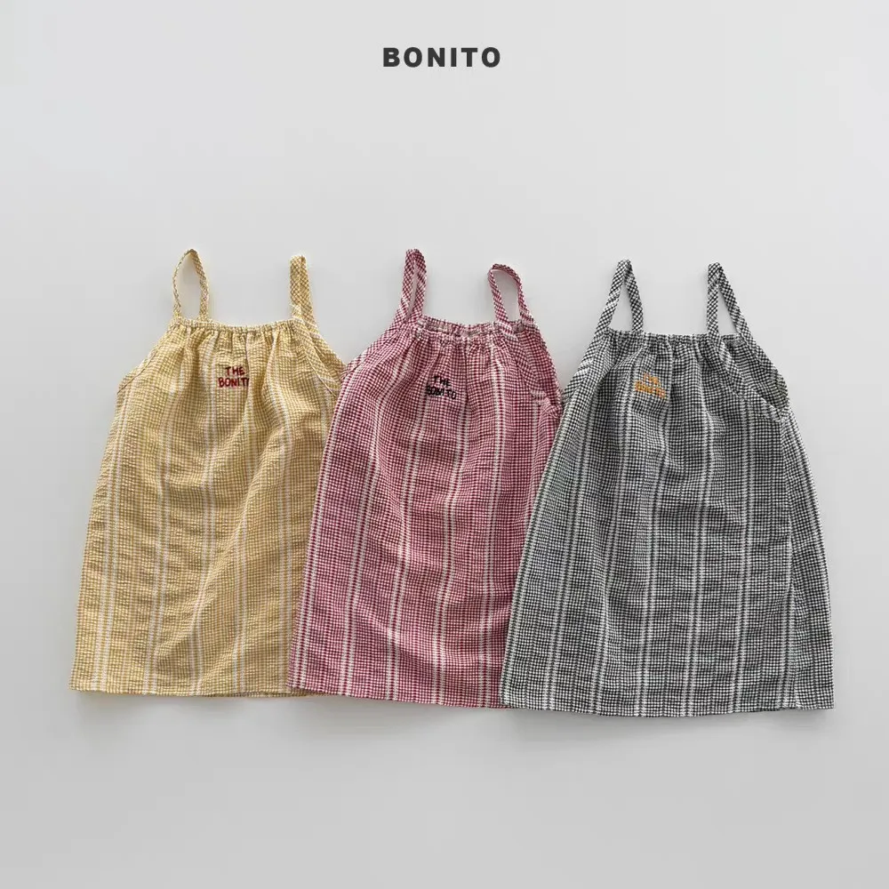 Q2873 Girls Summer Vintage Plaid Thin Cotton Halter Dress Vest Skirt Children's Clothing Retro Checkered Mini Dress for Girls